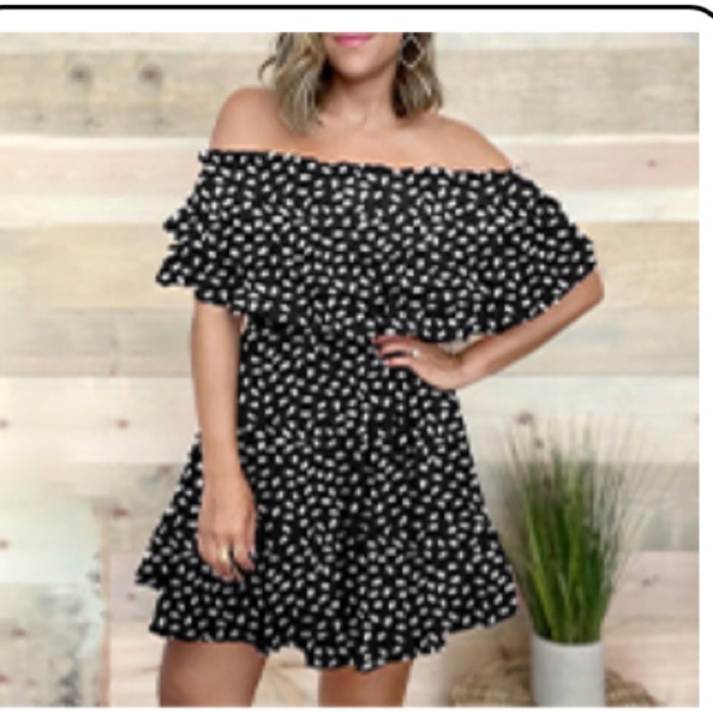 Women’s Off Shoulder Mini Dress Polka Dot Ruffle Short Flared Dress